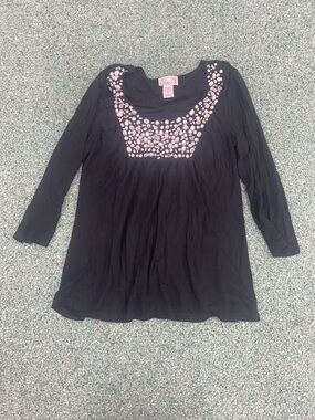 Emma G Black Long Sleeve Scoop Neck Top with Silver Beaded Detail